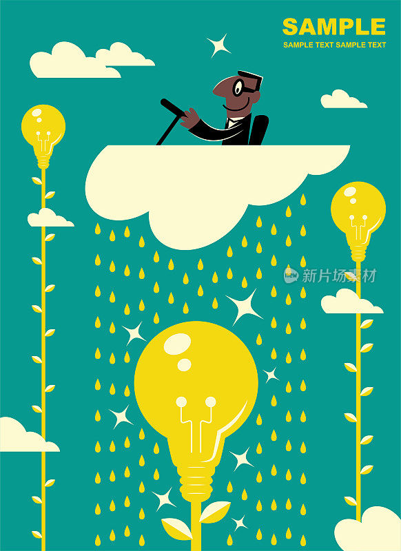 African Ethnicity businessman piloting a cloud airplane and watering idea light bulb tree